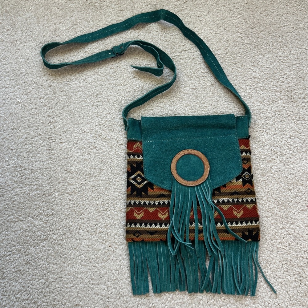 Handmade Teal Brown Suede Leather Southwestern Fringe Crossbody Bag Aztec Boho